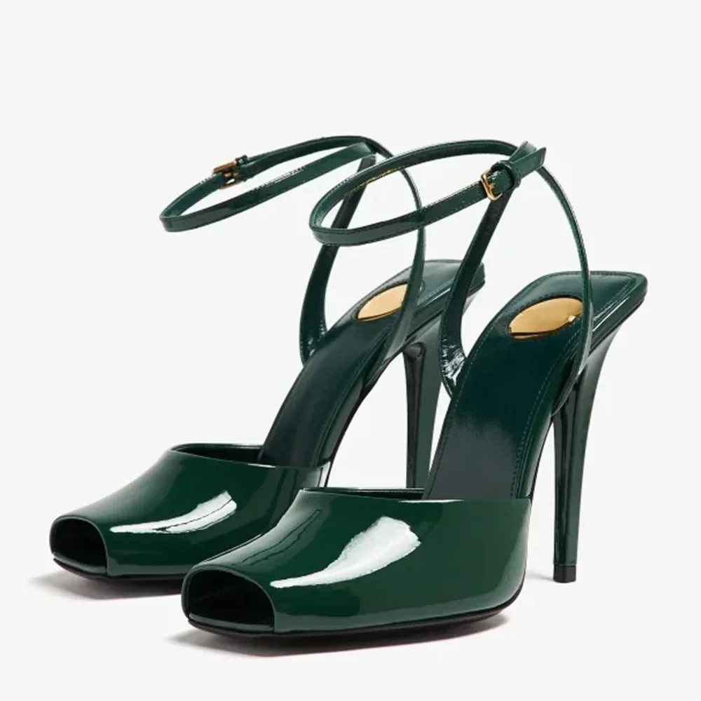 

Green Peep Toe Shiny Patent Leather Pumps Sexy Open The Toe Thin Heel Bule Strap New Arrivals Women Modern Shoes