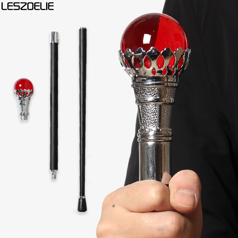 

Fashion Walking Cane Bright Silver Crown with Red Glass Crystal Ball Men Women Party Decorative Stick Halloween Cospaly