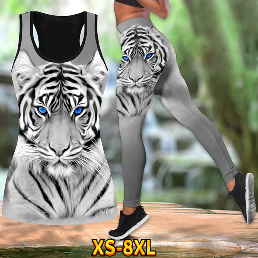 Ladies Outdoor Casual Top Vest with Tiger Head Print Gym Running Butt Yoga Pants Quick Drying Breathable Suit XS-8XL