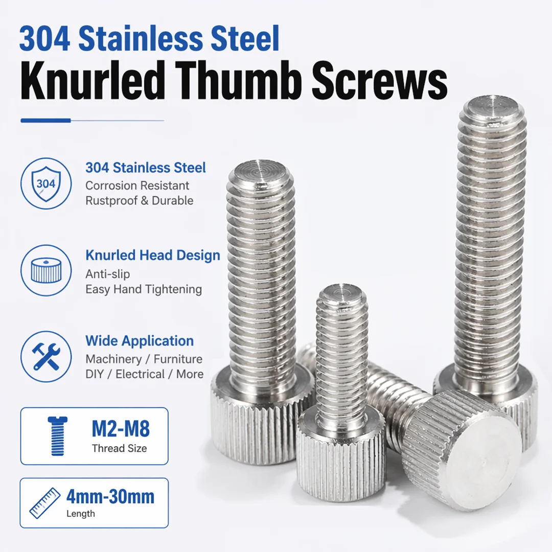 304 Stainless Steel Thumb Screws Knurled Head Manual Adjustment Screws Bolts M2 M2.5 M3 M4 M5 M6 M8