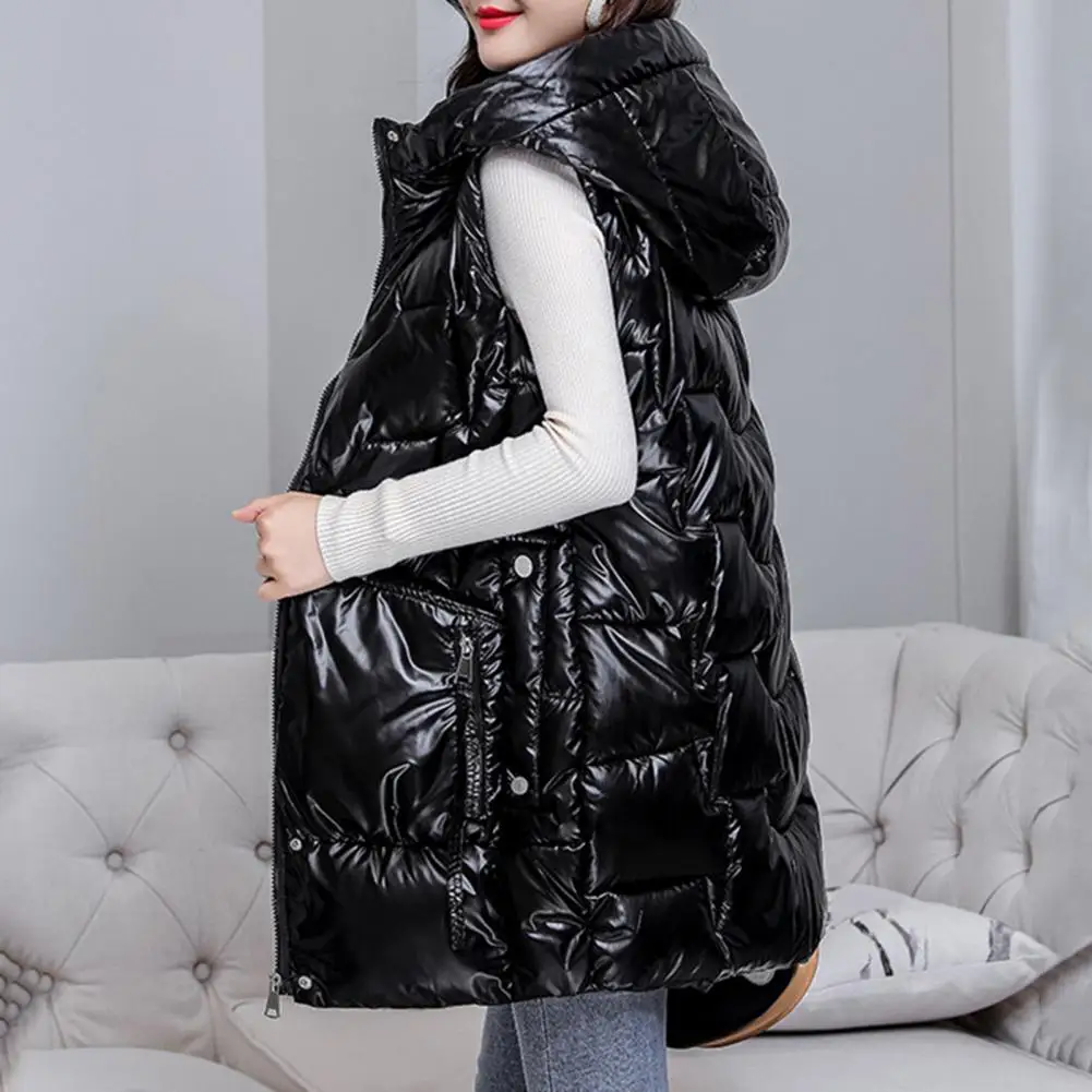 Simple Puffer Vest Buttons Zipper Placket Thickened Down Waistcoat Women Warm Sleeveless Long Type Hooded Jacket