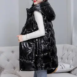 Simple Puffer Vest  Buttons Zipper Placket Thickened Down Waistcoat  Women Warm Sleeveless Long Type Hooded Jacket