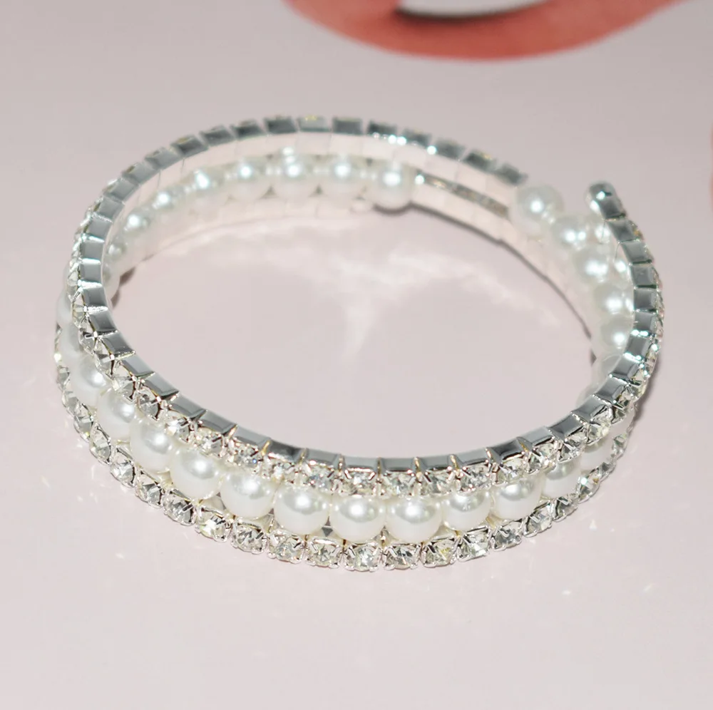 Fashion Multilayer Rhinestone Pearl Cuff Bangle Bracelet Crystal Pearls Opening Charm Bracelets For Women Wedding Bridal Jewelry