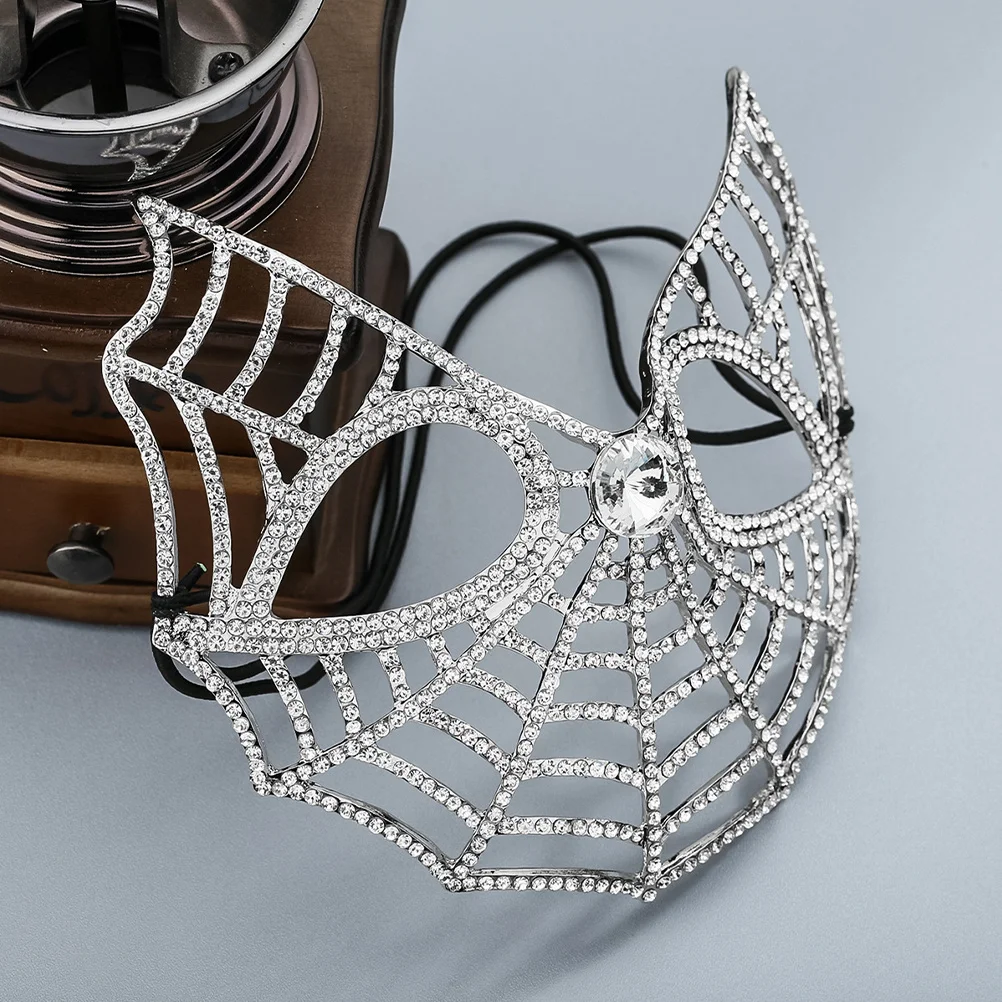

Rhinestone Burgundy Alloy Mask Half Face Spider Web Sparkling Crystal Masquerade Mask for Weddings Balls Parties