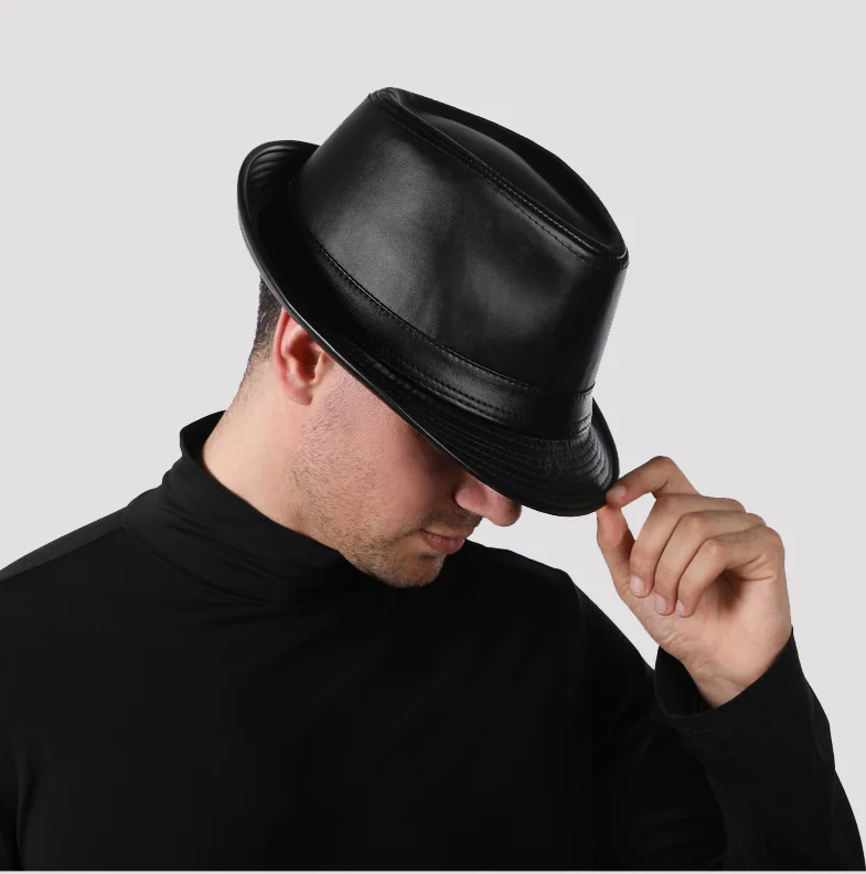 Mann hochwertiges echtes Leder Jazz Fedora Gentleman Kuhhaut kurze Krempe schwarz/braun Schaffell angepasste Zylinder männlich zeigt – Detail 4