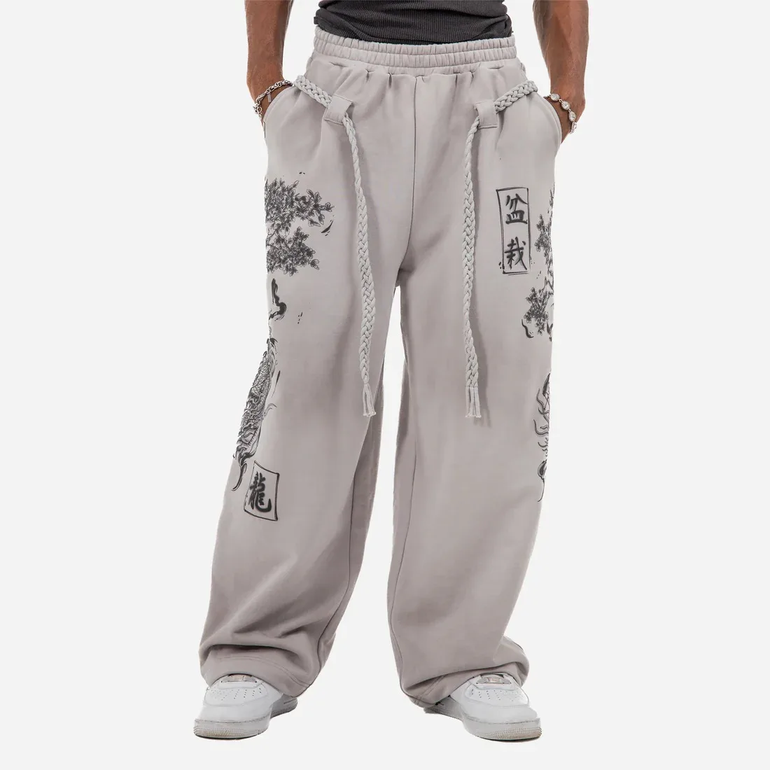 Y2K Chinese Elm Bonsai Sweatpants Retro Ink Pattern Print Loose Unisex Casual Pants Removable Braided Rope Belt Gray Floor Pants