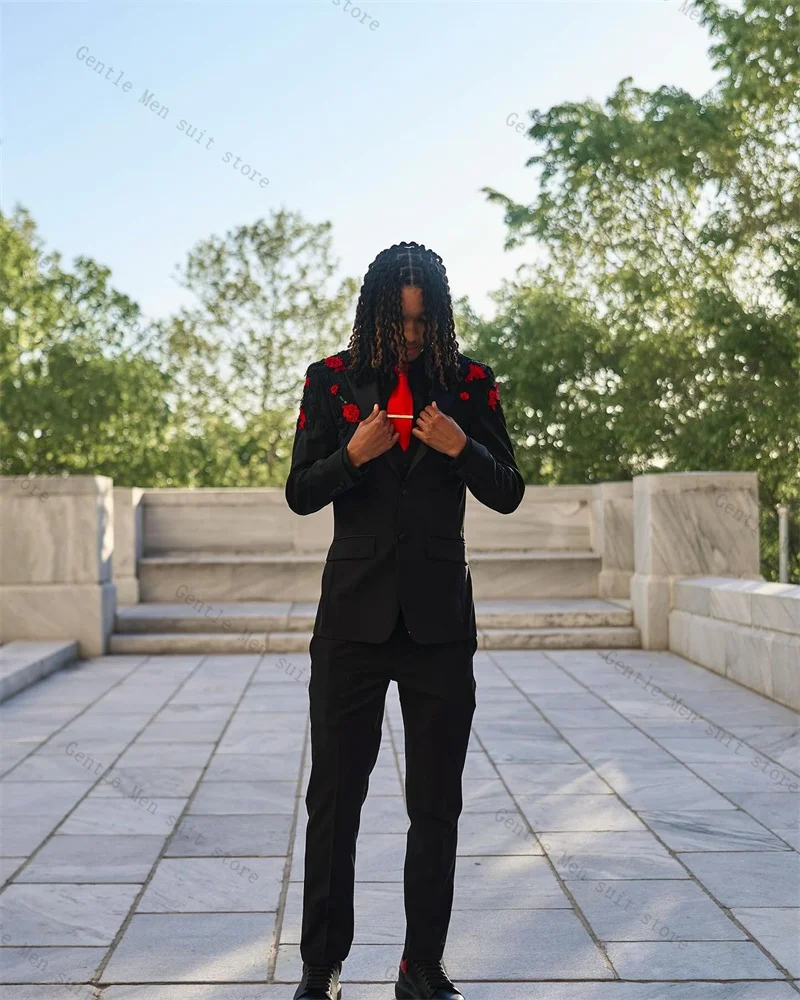 

Black Men Suit Set 2 Pcs Blazer+Pants Trousers Red 3D Flower Groom Wedding Tuxedo Formal Office Jacket Cotton Coat Customized