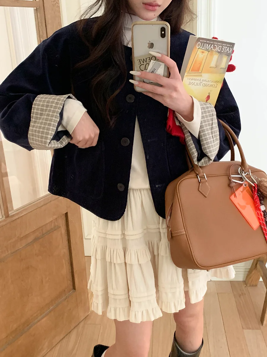 

Женское повседневное вельветовое пальто в клетку в стиле ретро, зима 2025 года, новое модное пальто