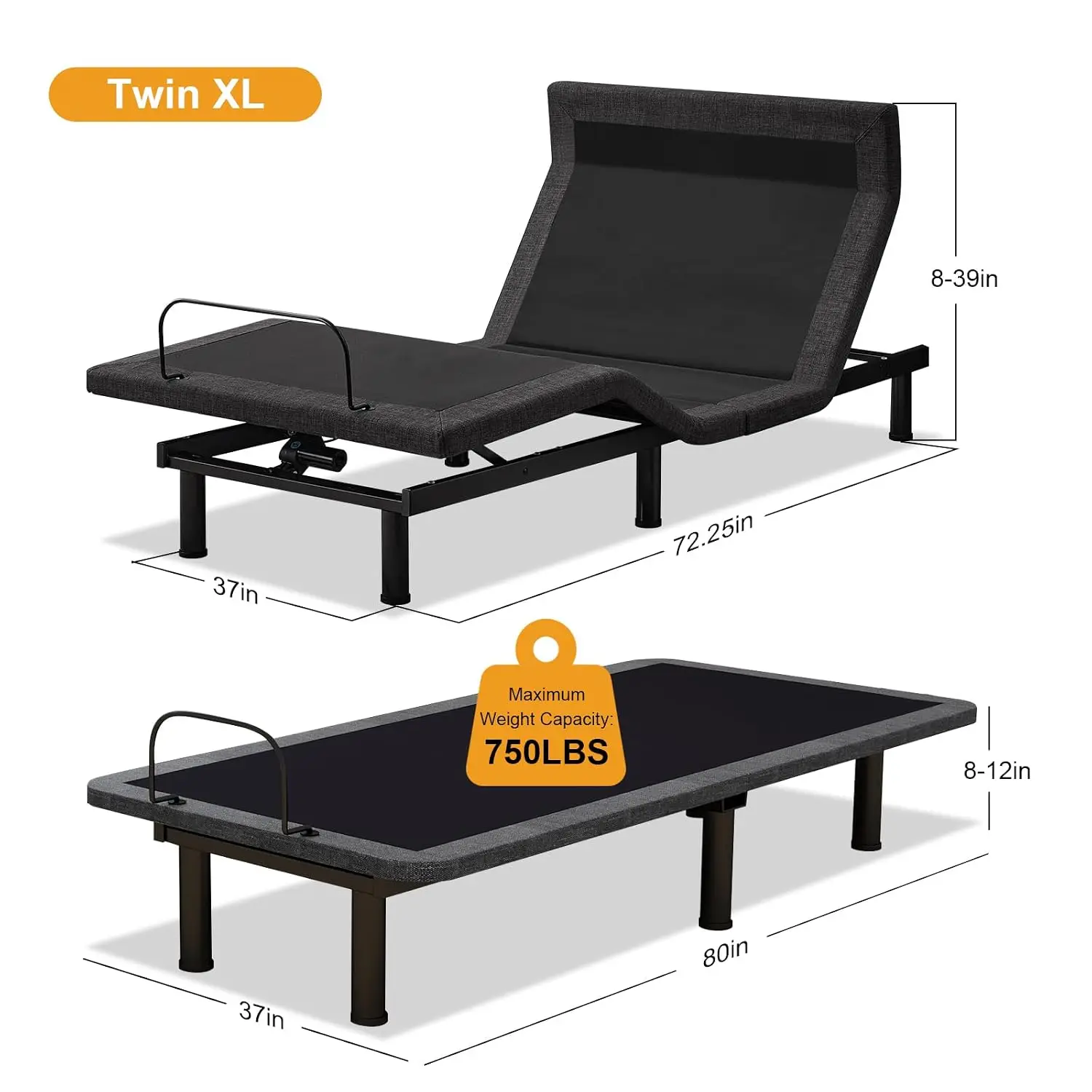 Twin XL Adjustable Bed Frame With Mattress Head And Foot Lift & Head-Pillow-Tilt, Electric Bed Base With Under-Bed, Customized