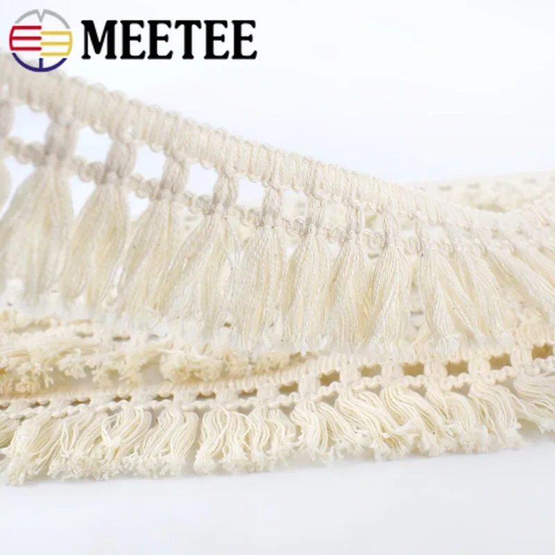 8Meters 45mm Wide Beige Cotton Fringe Lace Trim Fabric Tassel Ribbon DIY Sewing Curtain Laces Home Decor Garment Craft Material