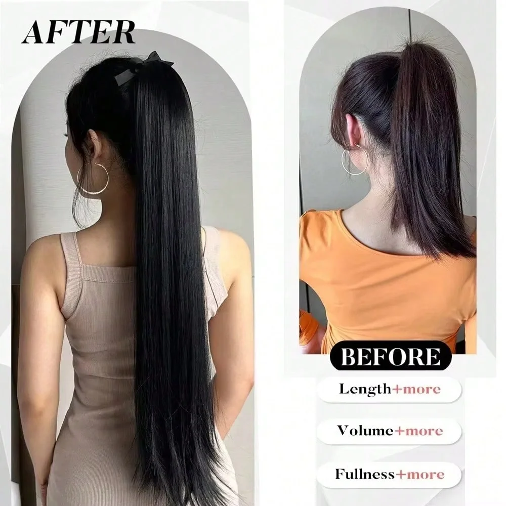 32inch Extra Long Ponytails Straight Hair Ribbon Ponytail Extension Synthetic Hairpiece for Girls Ladies Daily Use