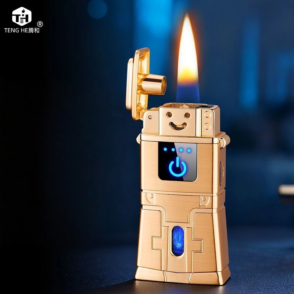 High End Robot Hybrid Induction Lighter Metal Portable Visual Fuel Tank Outdoor Portable Lighter Fashionable Smoking Gift