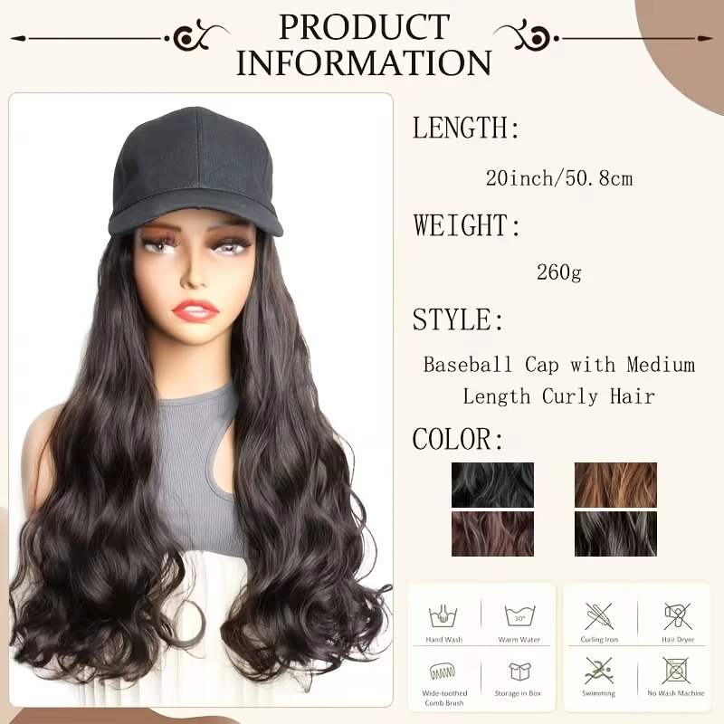 20Inch Women Synthetic Curly Hat Wig Baseball Cap Built‑in Long Wavy Hair Wig for Outdoor Travel Daily Casual Hair Decoration