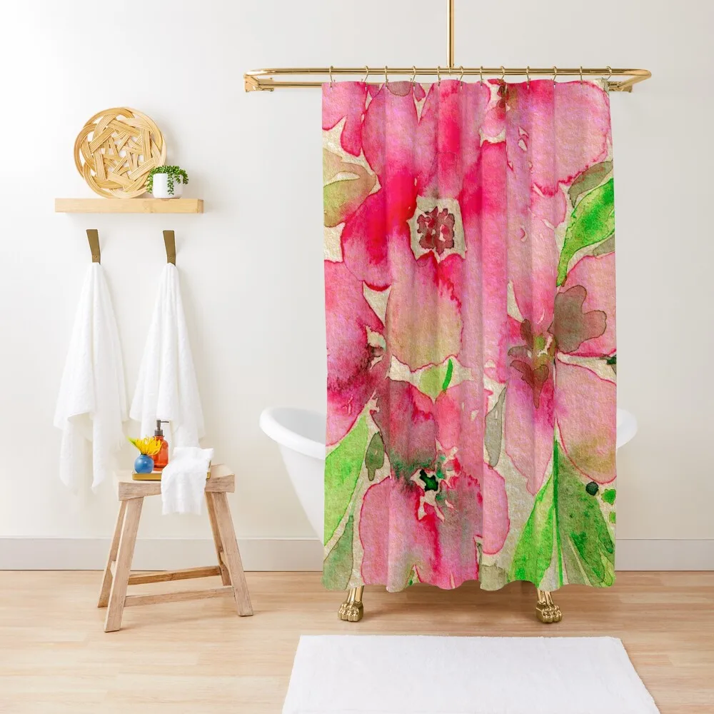 Rose Red and Green Watercolor Floral Mix Shower Curtain Waterproof Shower Bathroom Deco Curtain