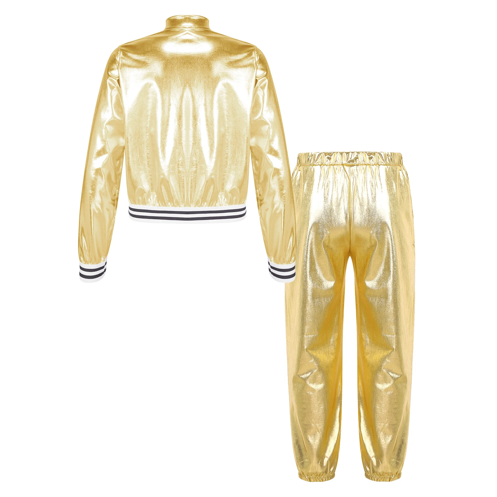 New Kids Girls Sports Outfits Shiny Metallic Long Sleeve Zipper Jacket Tops+Pants for Gym Workout Streetwear Stage Performance