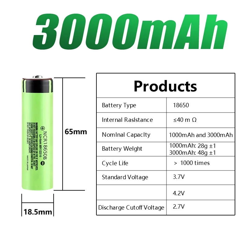 3.7V 18650 3000mAh 18650 Battery Lithium-ion NCR18650B Rechargeable Battery Ncr18650b Battery Ncr18650b Panasonic 3000mah