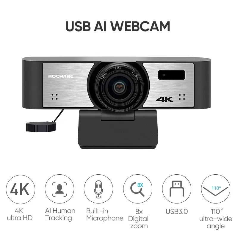 Rocware Compact Wide Angle 110 Degree Broadcast PC Camera 4K Ultra HD Auto Tracking Eptz Camera With Microphone