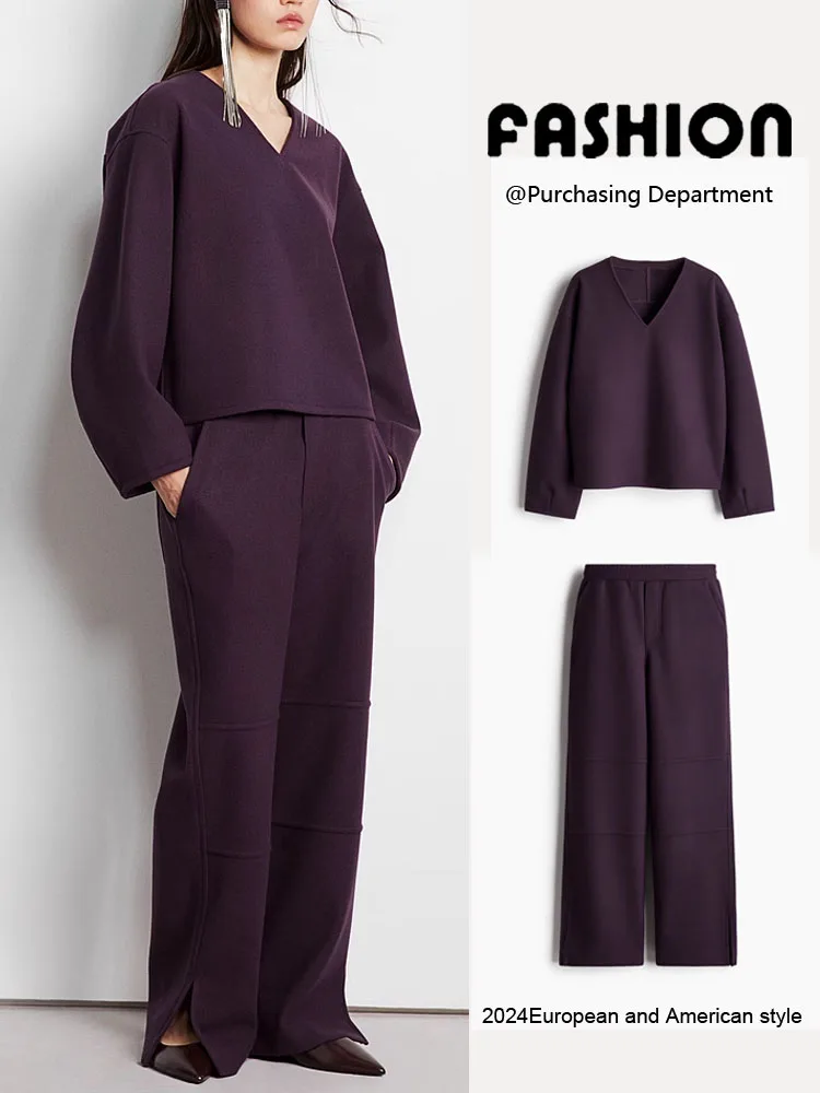 

Spring New Arrival Women's Faion Sweatirt V-Ne Fce Wide Leg Pants Two-Piece Set Long Sve Crew Ne Pullover