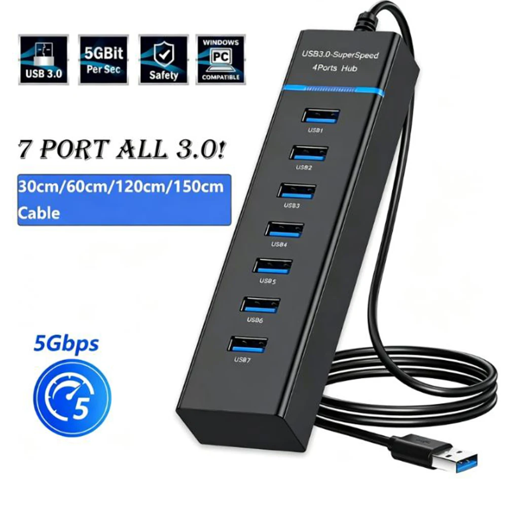 Usb 3.0 Hub Usb Splitter 7 Ports Multi Usb Hub 3 0 2.0 Hab Expander 120CM Cable Computer Accessories For iPad PC Desktop Laptop