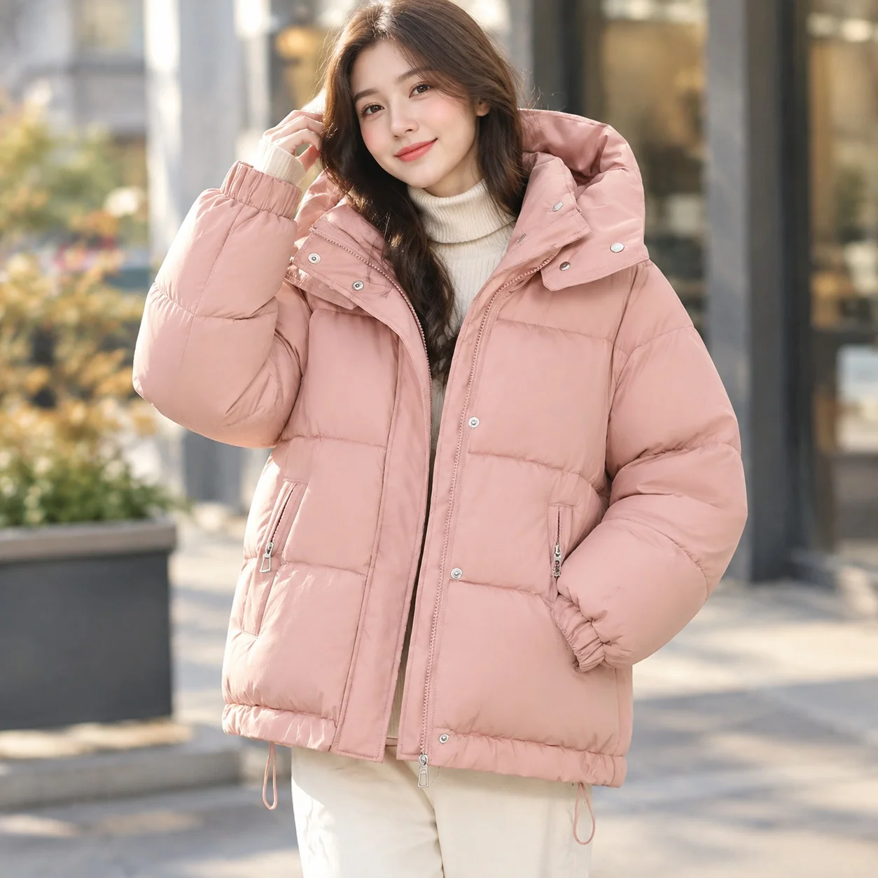 Hooded Thick Coat Short Length Urban Style with Loose Fit Long Sleeve Regular Sleeve Commuter Chic Zipper Closure Women Coats