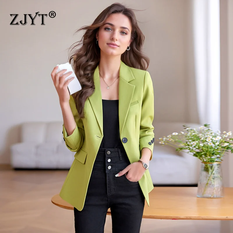 

ZJYT Fashion Autumn Blazer Korean Style Women New Coats Jackets Long Sleeve Slim Fit Blazers Mujer Office Lady Outerwears Green