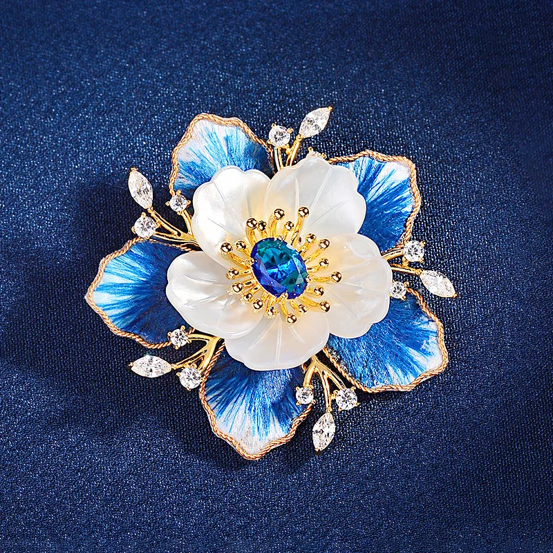 OKILY Chinese Retro Handamde Blue Edelweiss Shell Peony Brooch High-end Sense Elegant Temperament Brooch High-end Pins Accessori
