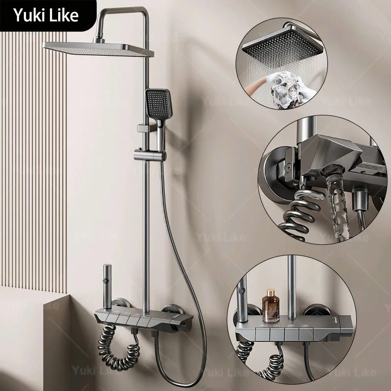 

Restroom Gray Piano Keys Shower System Set Household Hot and Cold Water Multifunctional Aluminum Bathroom Pressurize Shower Set