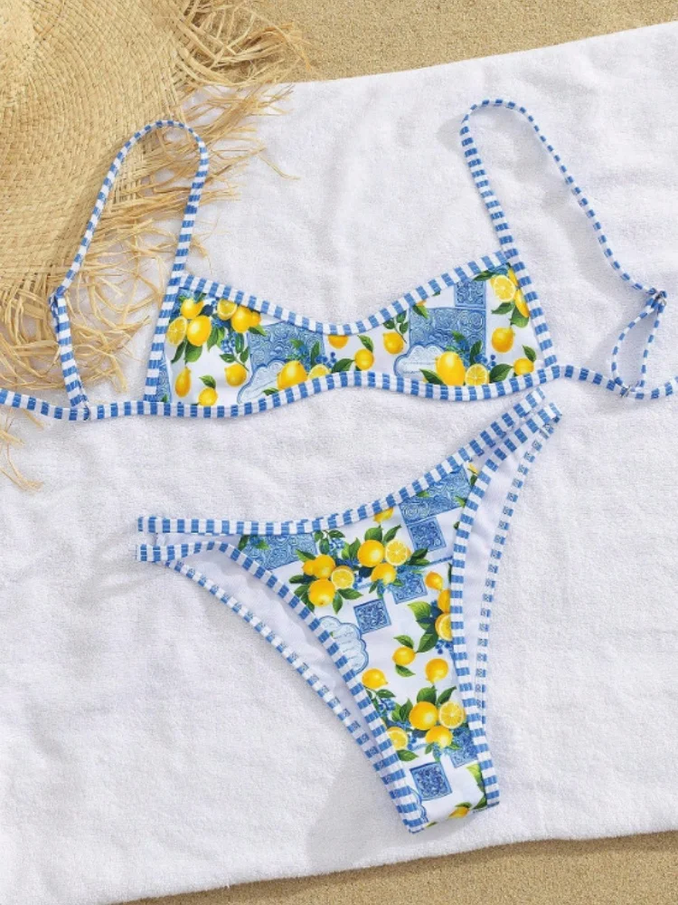 Sexy Sky Blue Fruit Print Micro Bikini 2026 Women Brazilian Pleate Push Up Bra Hollow Thong Swimsuit Beach Bathing Suit Swimwear