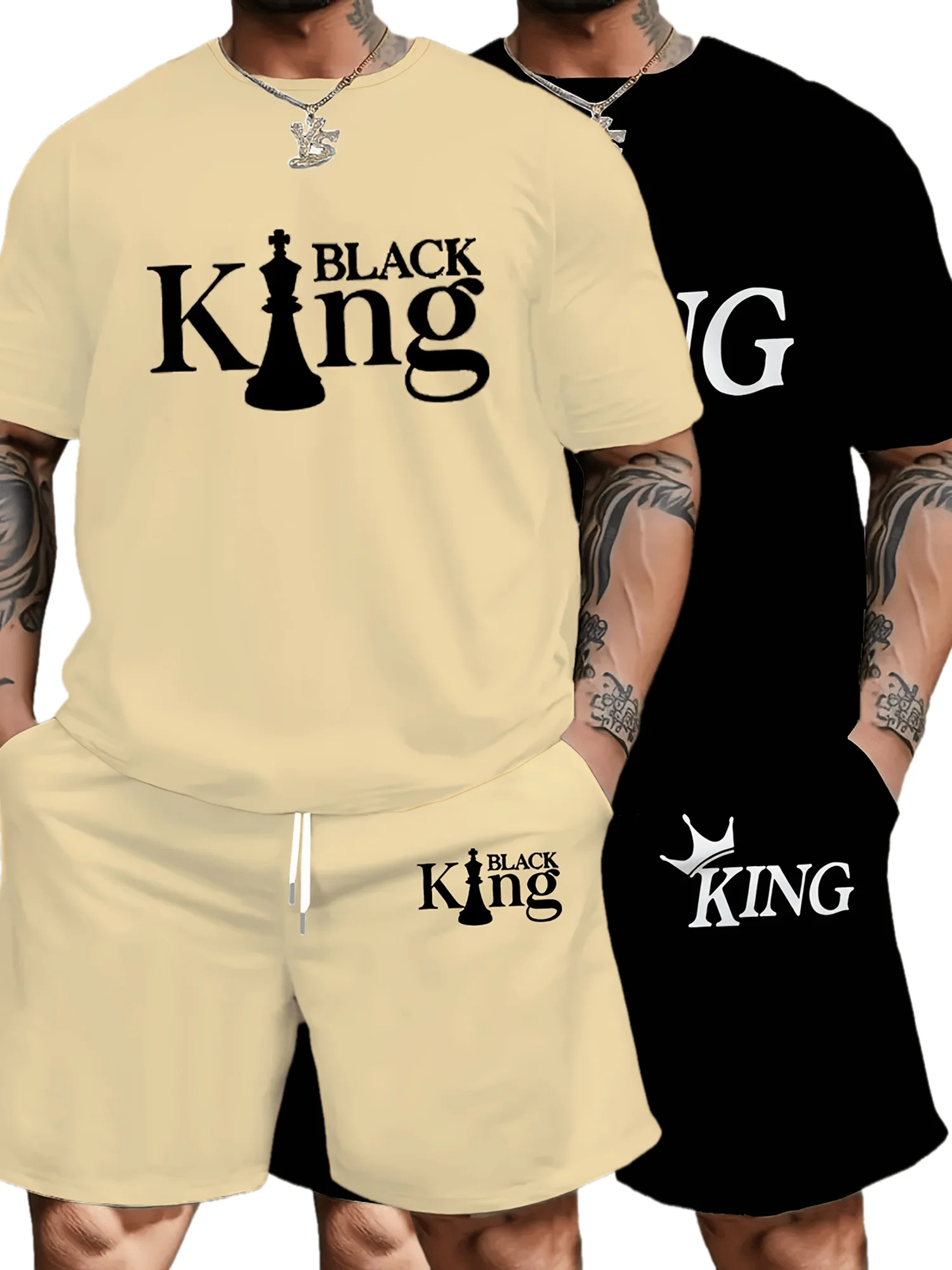 

Summer Hot Selling Men's "King" & Crown Graphic Print T-shirt & Shorts Co Ord Set For Outdoor Sports Men 2-Piece Set