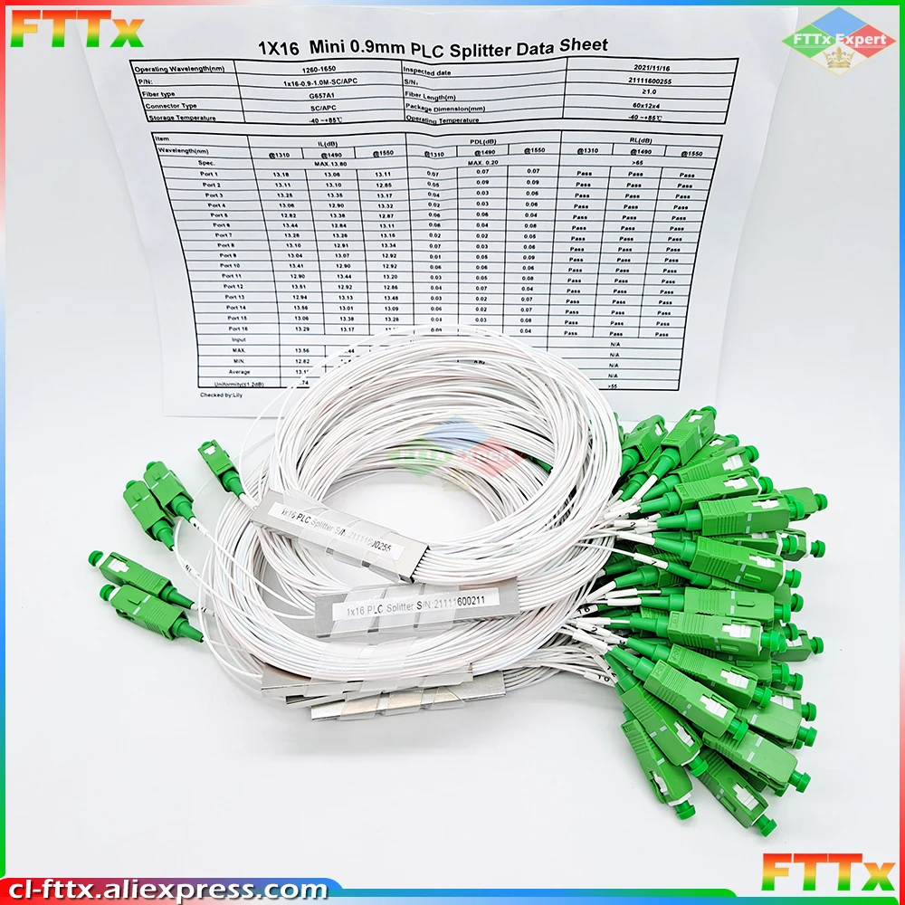 Free Shipping 10pcs/lpt FTTH 1X16 PLC SC/APC SM 0.9mm PVC G652D 1m FTTH Fiber Optic Splitter SC APC
