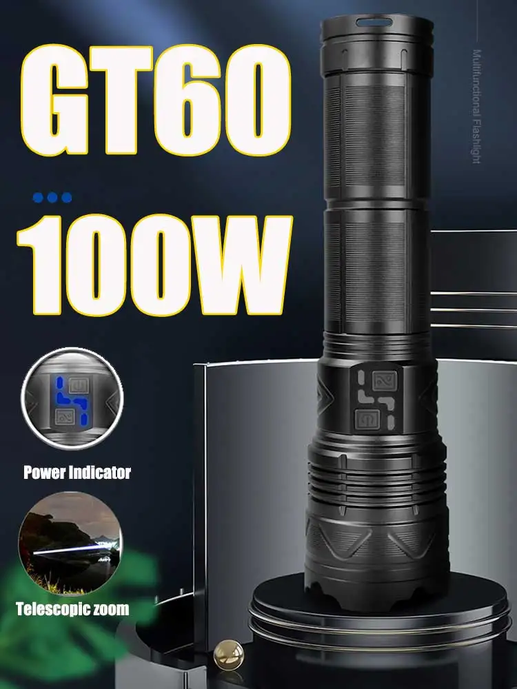 30400mah 10000W GT60 Tactical Flashlight Most Powerful  LED Torch USB Rechargeable Camping Self-Defense Shocker Flashlights