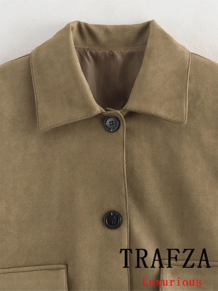 TRAFZA Vintage Casual Chic Women Jackets Turn-down Collar Pockets Single Breasted Loose Coats New Fashion 2024 Autumn Outwears