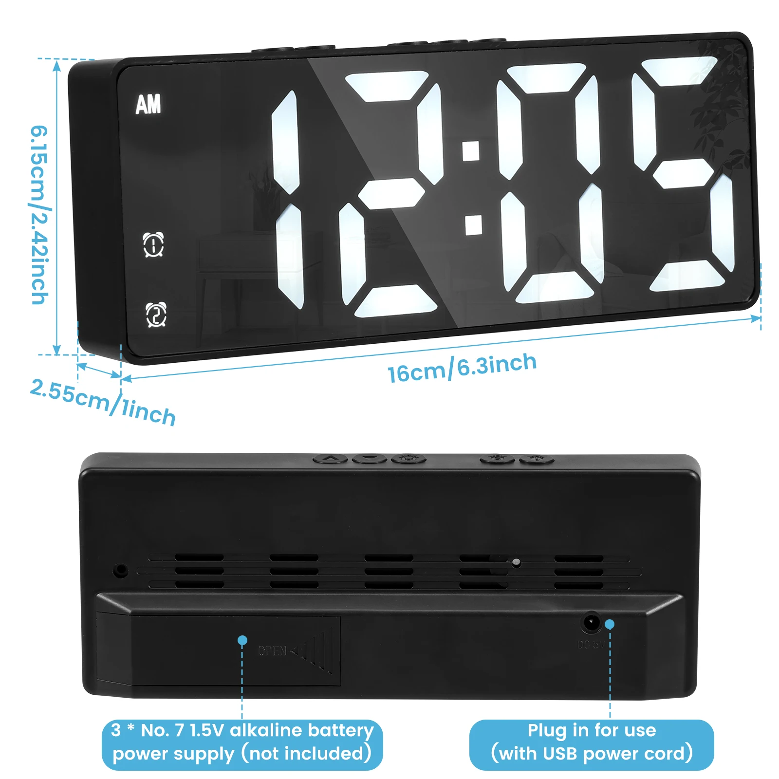 

Digital Alarm Clock Colorful LED Alarm Clock USB/Battery Operated Desk Clock with 12/24H Display 3 Adjustable Brightness Snooze