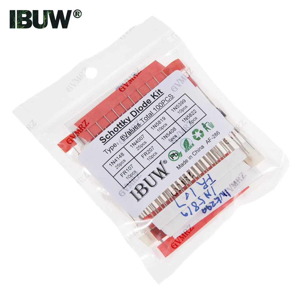 100PCS 8Values Schottky Diode Kit 1N4148 1N4007 1N5819 1N5399 FR107 FR207 1N5408 1N5822 for Electronic Projects Rectification