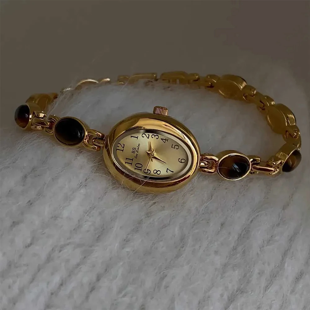 Bee Sister Bracciale in pietra naturale occhio di tigre Orologio da donna Orologio da donna al quarzo ovale Orologi da polso da donna vintage di alta qualità