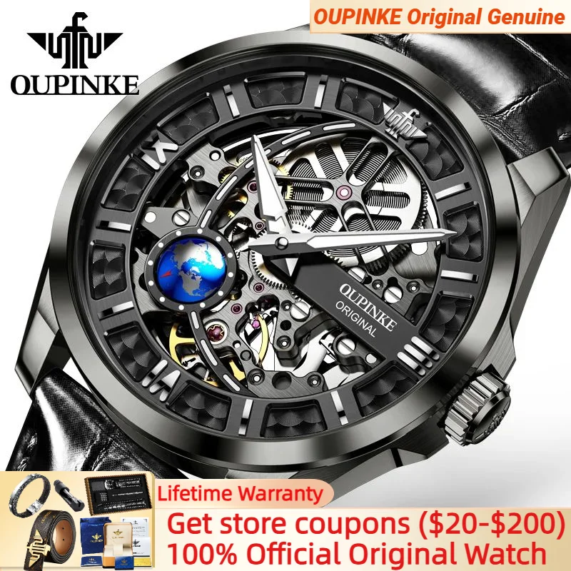 

OUPINKE мужские часы с 3D вращением на землю, скелетон, сапфировое зеркало, кожаный ремешок, водонепроницаемые автоматические часы 50 м для мужчин, роскошные