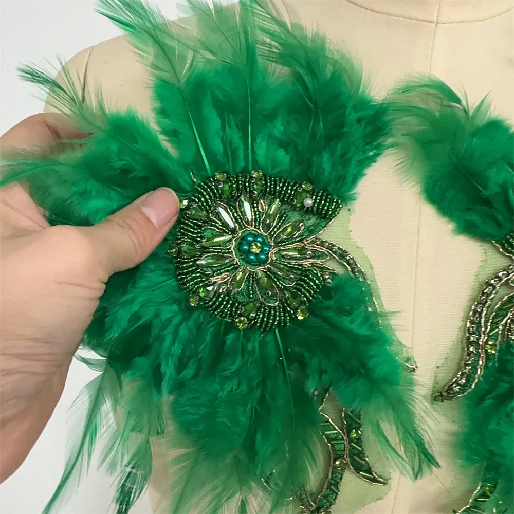 Rhinestone Beaded Patch With Artificial Feathers Garment Accessory Beading Applique