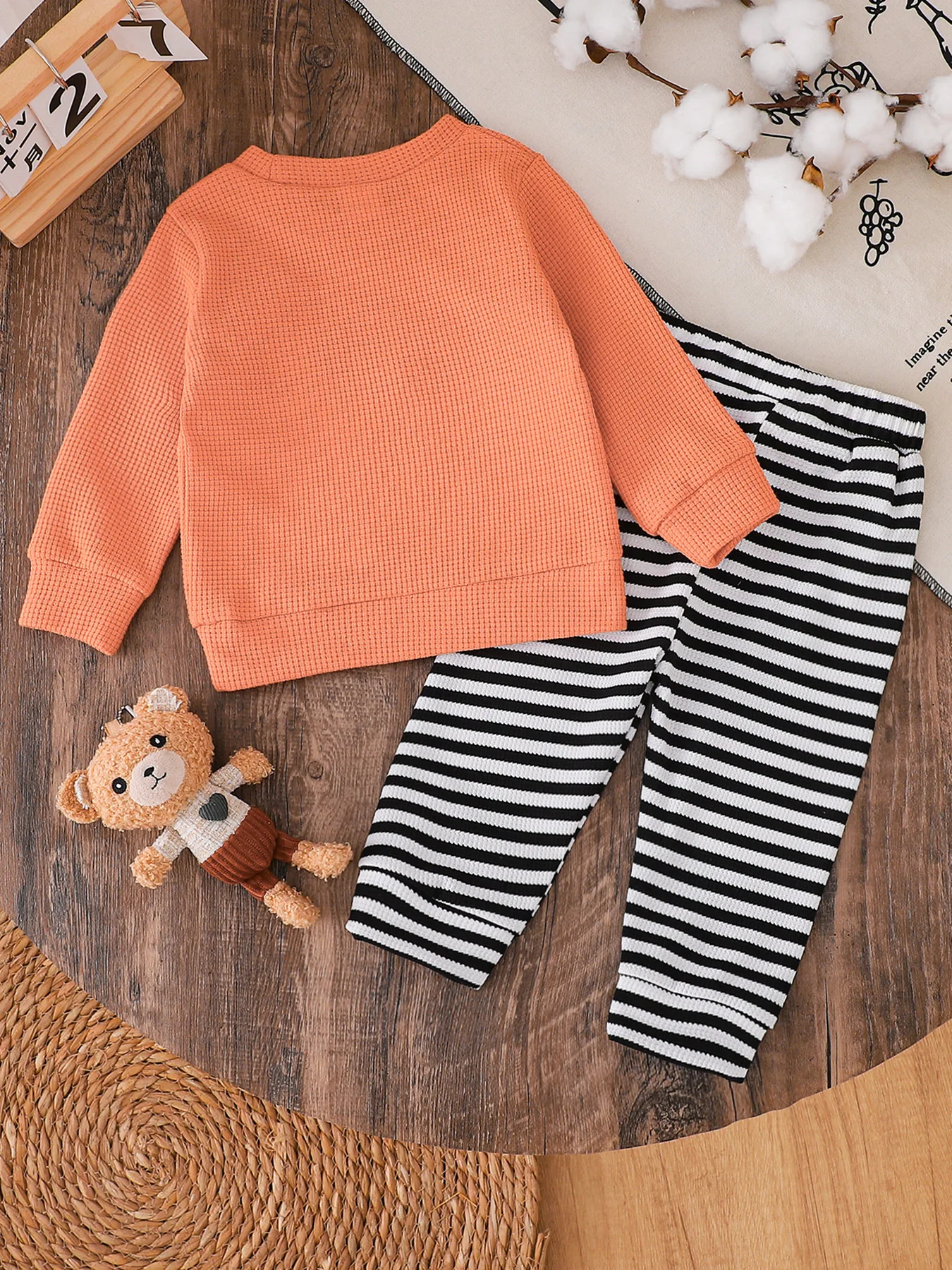 Cute Fox Patchwork Knitted Sweatshirt + Black and White Striped Pants Baby Autumn Casual Two-Piece Set