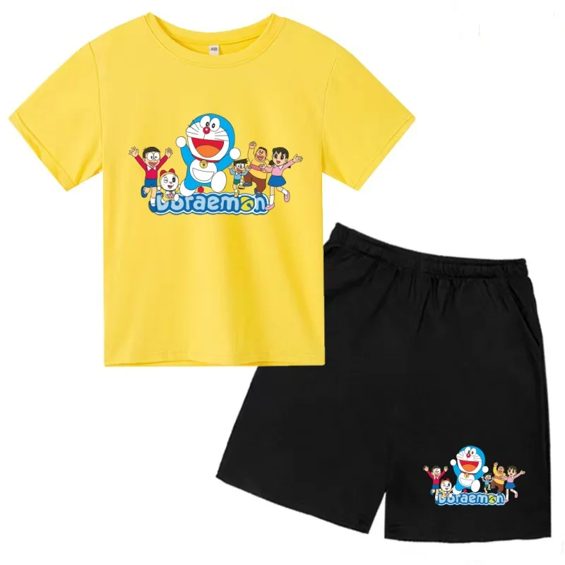 

Round Neck T-shirt Kids Summer Anime Doraemon Pretty Girl Clothing Boy Girl 3-12Years Short-sleeved+Shorts Casual Sportswear Set