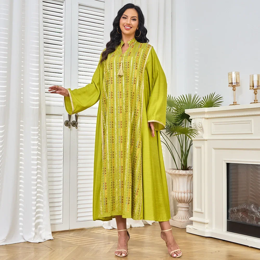 SuperAen Spring New Stand Collar Slim Muslim Fashion Dress Bright Silk Design Diamonds Elegant Pullover A-line Dress