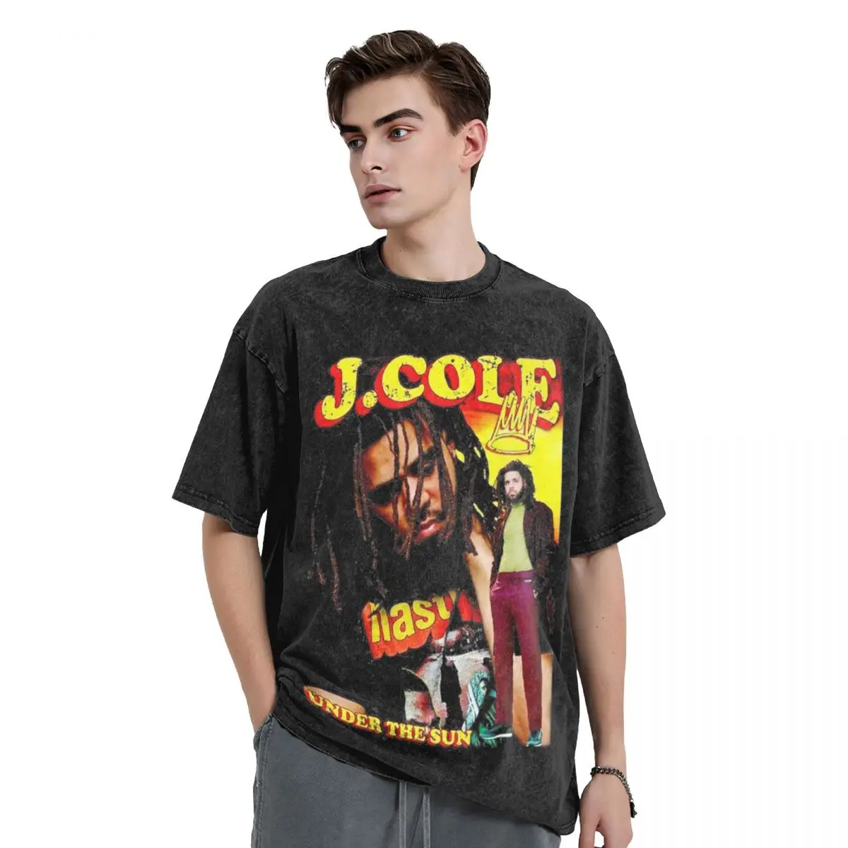 Vintage Washed T Shirt Rapper J Cole Under The Sun Simple T-Shirts Novelty Tshirt for Male Summer Awesome Casual Tops