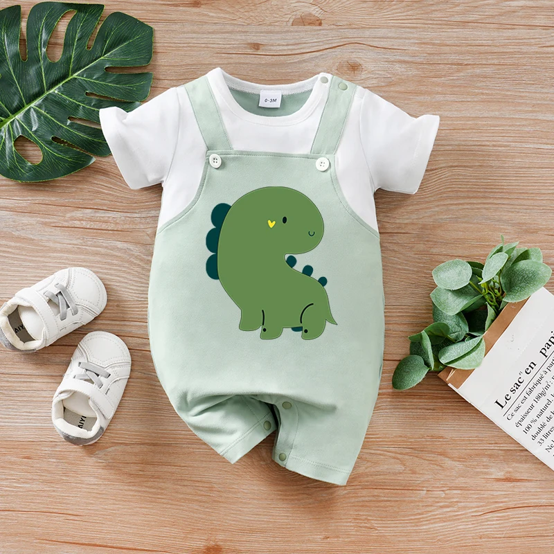 

Одежда для новорожденных, зеленый комбинезон с принтом динозавра для малышей, цельная пижама с короткими рукавами для малышей, боди, летний комбинезон