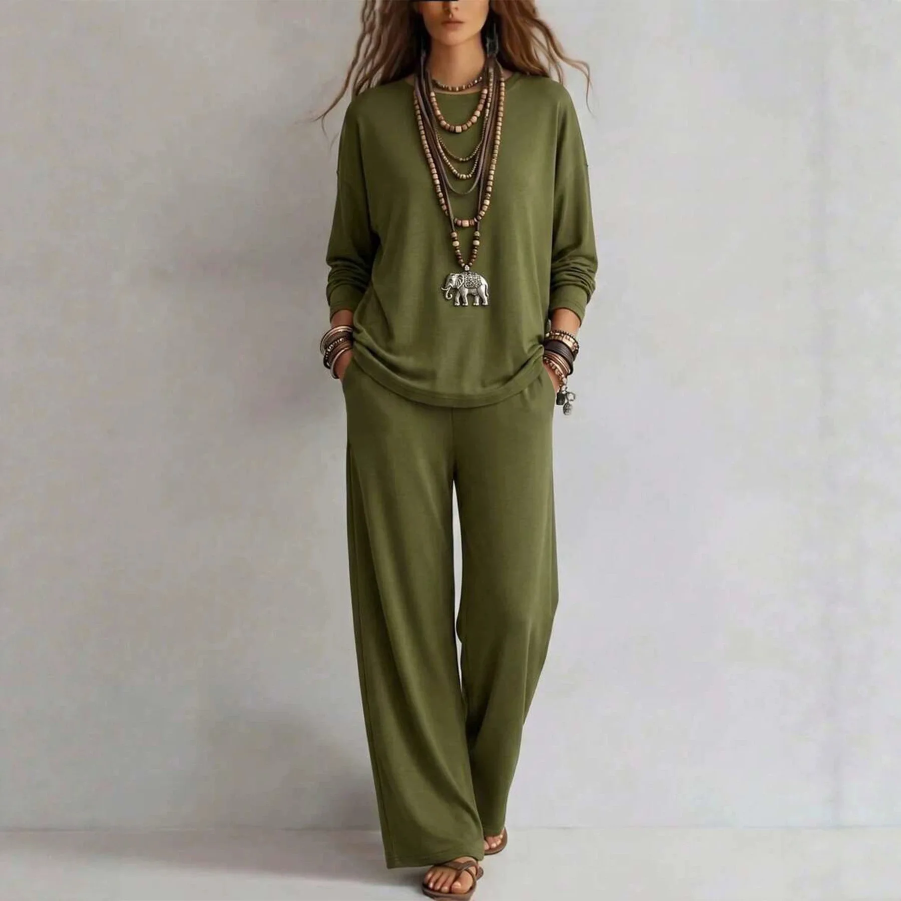 Affordable Women's New Autumn & Winter Solid Color Two-Piece Set: Long Sleeve Top & Wide Leg Pants, Trendy Outfit