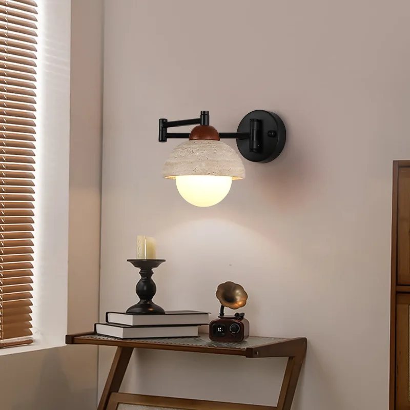 Medieval silent wind rocker arm wall lamp bedroom room yellow travertine retractable living room background wall reading wall