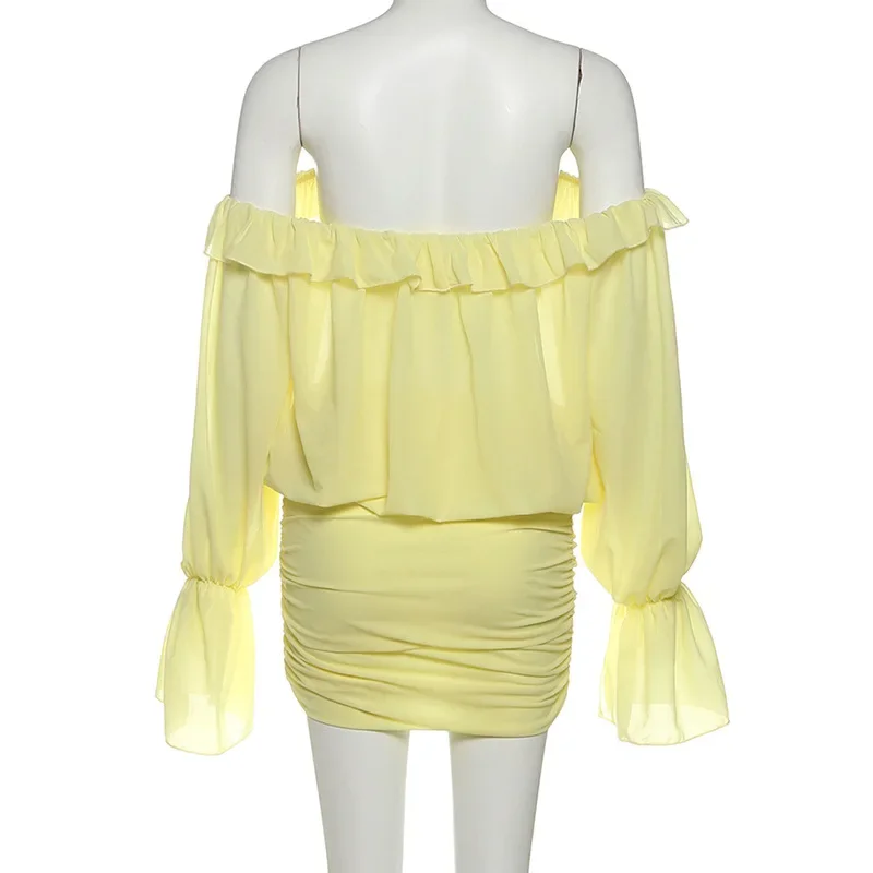 Mini robe froncée à volants jaunes pour femmes, élégante et Sexy, col Slash, épaules dénudées, manches longues évasées, tenue de soirée, Clubwear