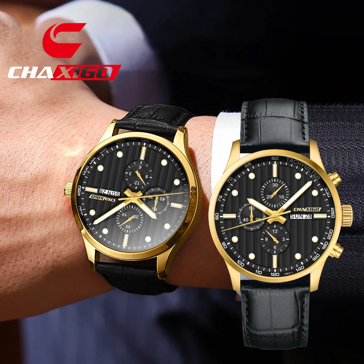 

CHAXIGO Men's Business Leather Strap Watch, Full Calendar Function, 30m Water Resistance, Luminous Markers, Lightweight Design