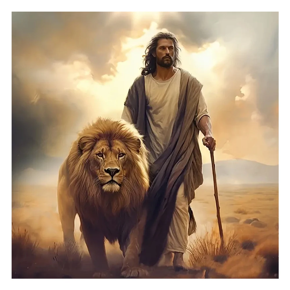5D DIY Full Round Drill Diamond Painting Jesus&Lion Home Decor Art Craft 30x30cm