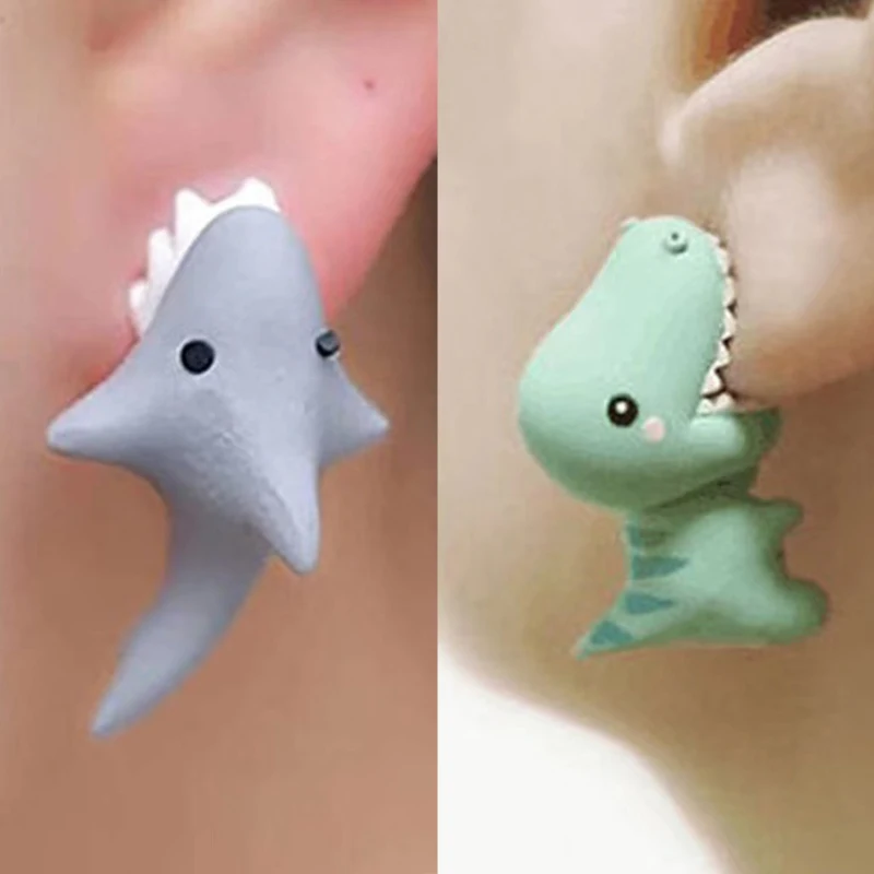 1Pair Cute Animal Biting Stud Earring Women Girl Cartoon Shark Dinosaur Resin Stud Earrings Ear Studs Bite Funny Jewerly Gift