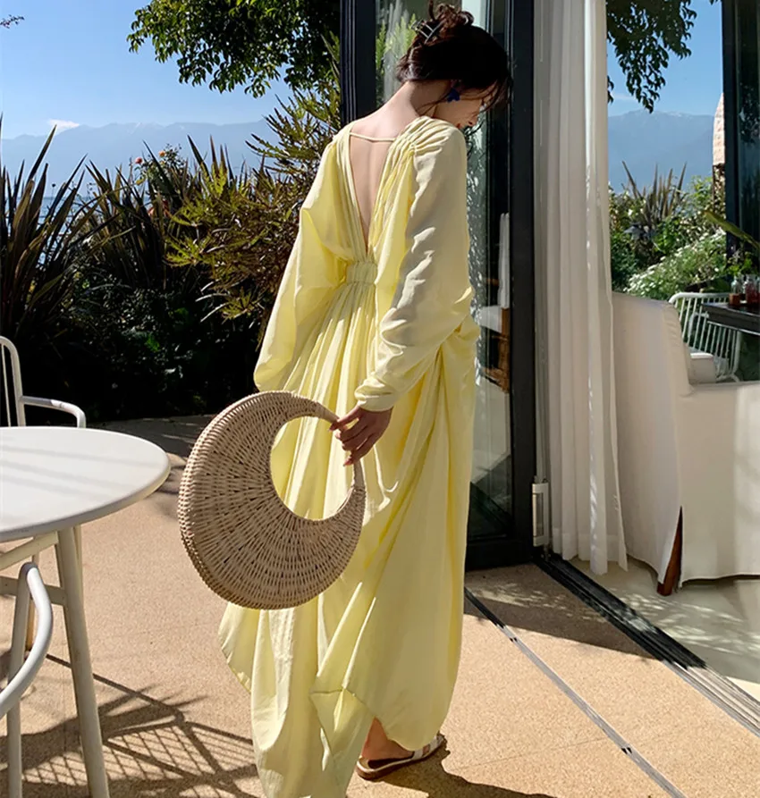 JSXDHK Fashion Design Summer Boho Holiday Style Dress Chic Women V Neck Batwing Sleeve Yellow Backless Sexy Beach Long Vestidos