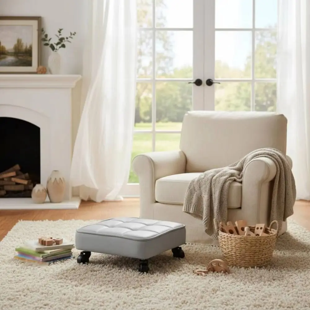Upholstered Swivel Caster Stool Square Shape Stitched Low Sliding Bench Rounded Edges Portable Foot